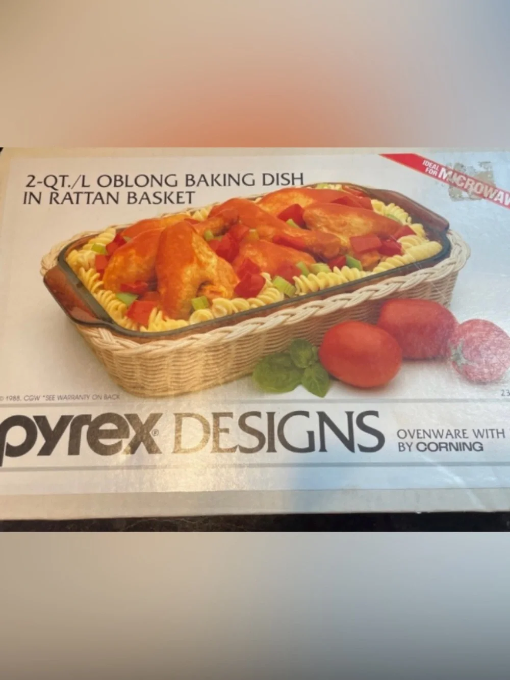 Pyrex 2 Qt Brown Oblong Vintage Baking Dish with Rattan-Style Basket NEW 2326-F